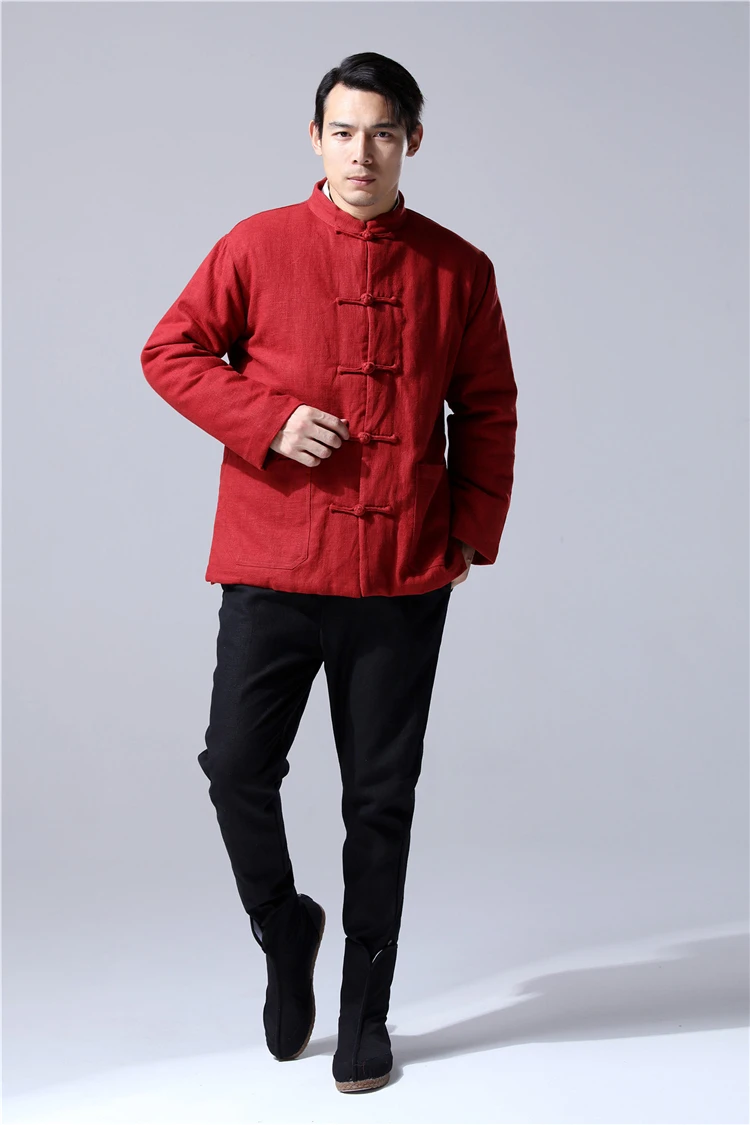 Hisenky Мужская зимняя стеганая куртка chinoisery снаружи льняная подкладка хлопок сторона сплит теплые парки Стенд воротник пальто 3 цвета