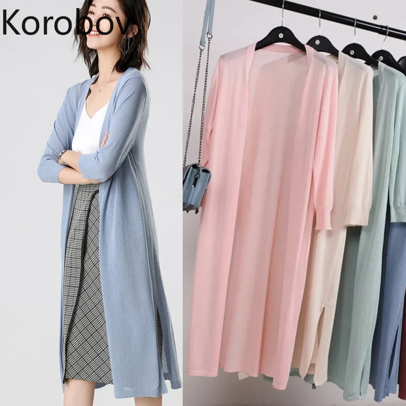 

Korobov 2019 Summer New Arrival Knitted Cardigans Sweater Korean Solid OL Long Sleeve Sueter Mujer Beach Oversize Jumper 78448