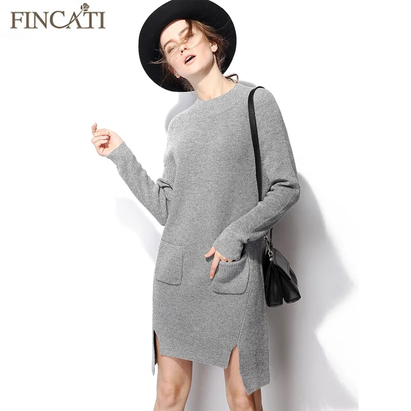 

Sweater Dress Women 2018 Spring Autumn High Quality Pure Mink Cashmere Double Pockets Split Hem Aysmmetrical Long Dresses