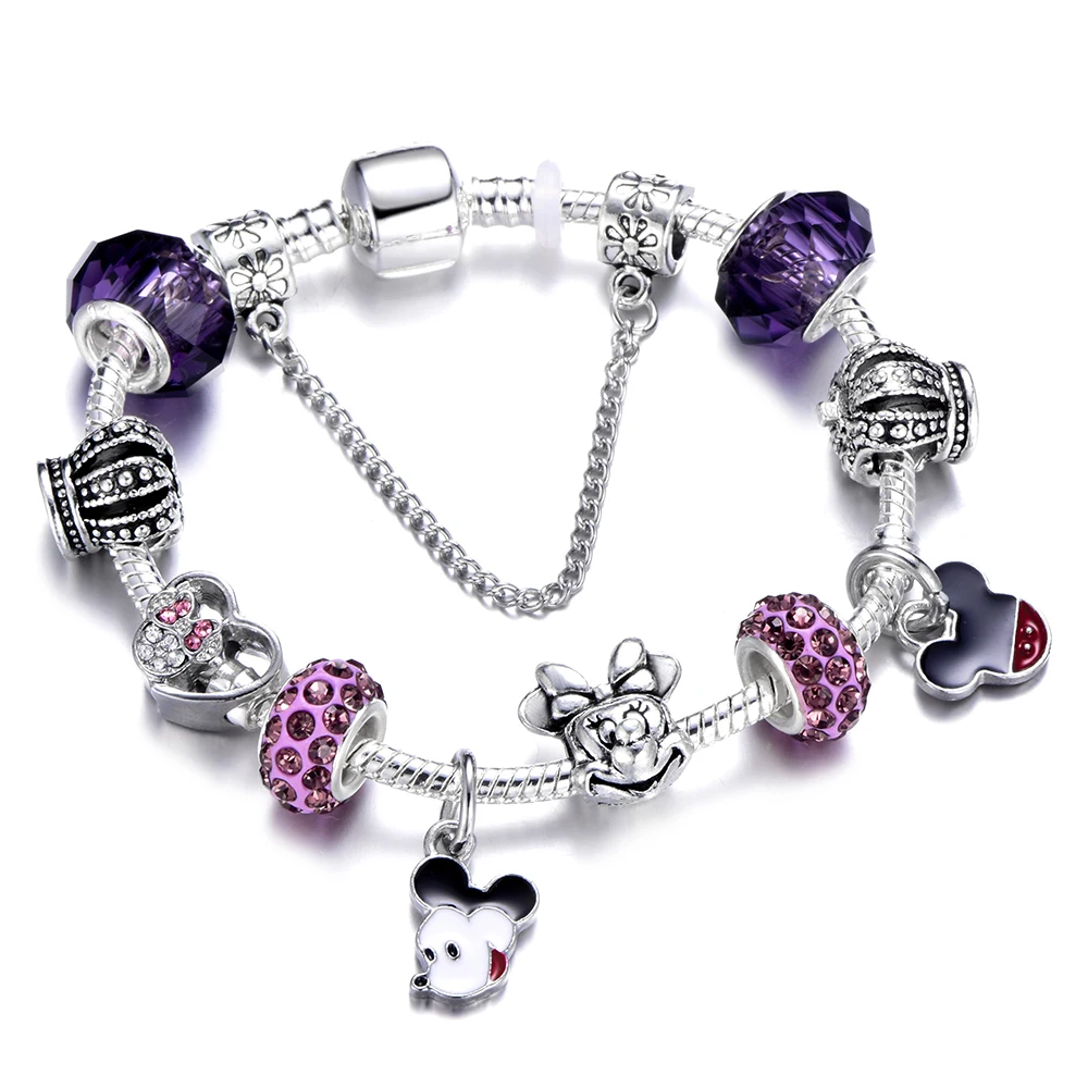 Crown Minnie Mouse Beads Charm Bracelet For Women Kids