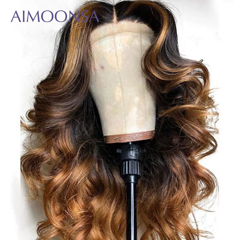 

Brazilian Remy Hair Lace Front Wig Wavy Ombre Blonde Highlights Color 150% Density Middle Part Pre Plucked Bleached Knots Wigs