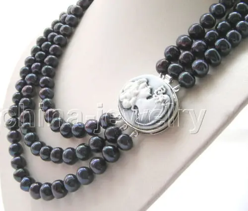 

shipping 3row 10-11mm black round freshwater pearl necklace-cameo clasp