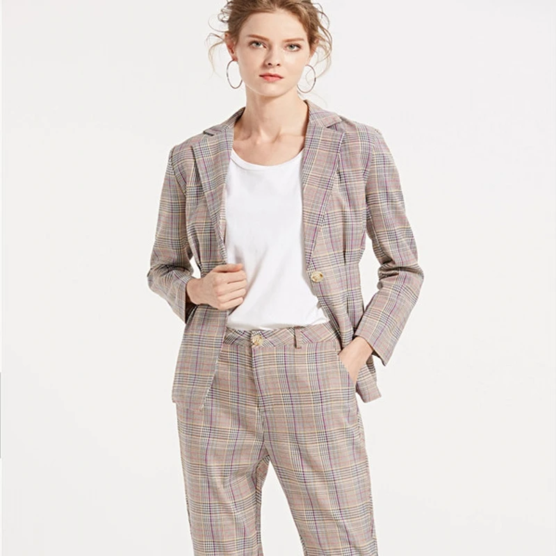 

Spring 2019 Women's Suit Plaid Notched Single Button Slim Waist Three Quarter Pants 2 Pieces Set Work Wear OL Vestidos S91692