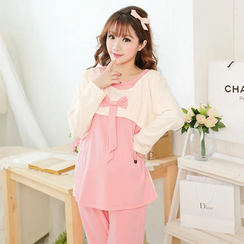 

New Spring and autumn pregnant women pajamas home nursing wear, plus size maternity clothes nursing pajamas home wear suit