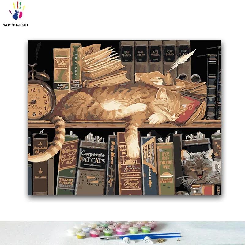 

DIY Coloring paint by numbers Cat sleeping on the book paintings by numbers with kits 40x50 framed