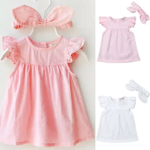 

2019 Baby Girl summer clothing Line cotton Fly Sleeve Solid Lace Dress Headband for Kid clothes toddler Children newborn