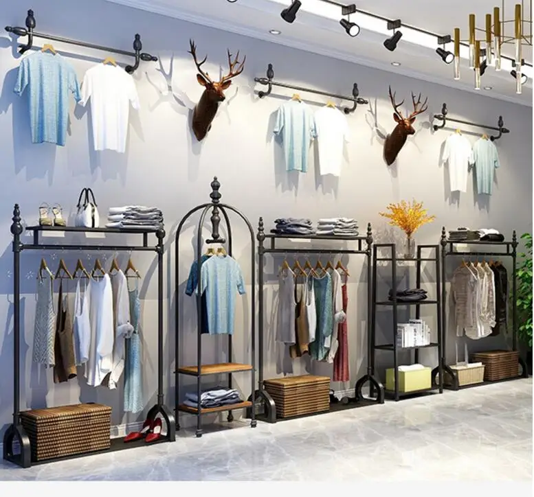 Loja de roupas стойка, стойка для ретро, Loja de roupas femininas, roupas prateleira de parede