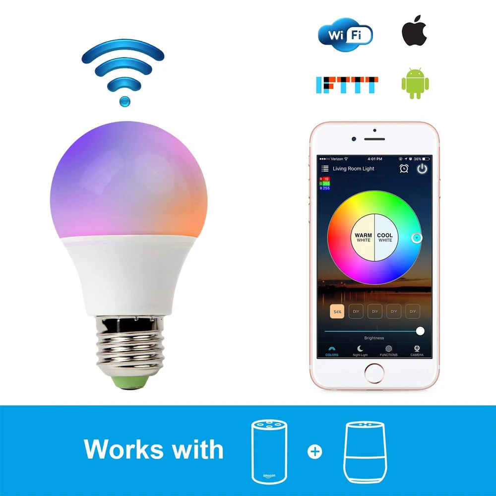E27 E26 умная WIFI лампа 16 цветов меняющая RGB rgbw 4 5 W 6 волшебная Alexa AC 110V 220V Светодиодная