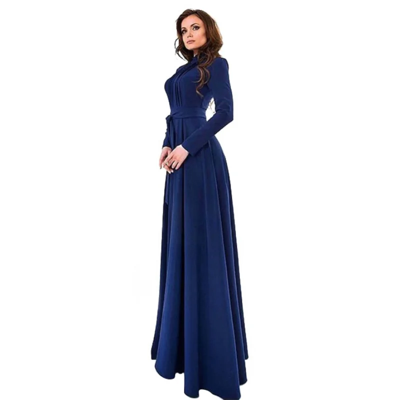 

Women Long Maxi Dress Ladies Elegant Solid Turtleneck Chiffon Dress Long Sleeve Slim Floor-Length Belts Wedding Party Vestidos