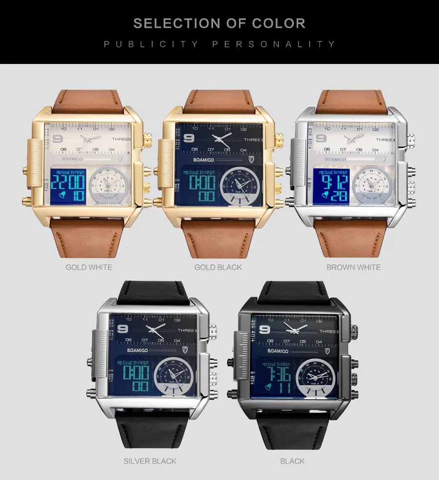 Mens Watches Top Brand Luxury BOAMIGO Wrist Watches for Men Sport Leather Band Military Chronograph Digital Watch Rectangle Case (20)