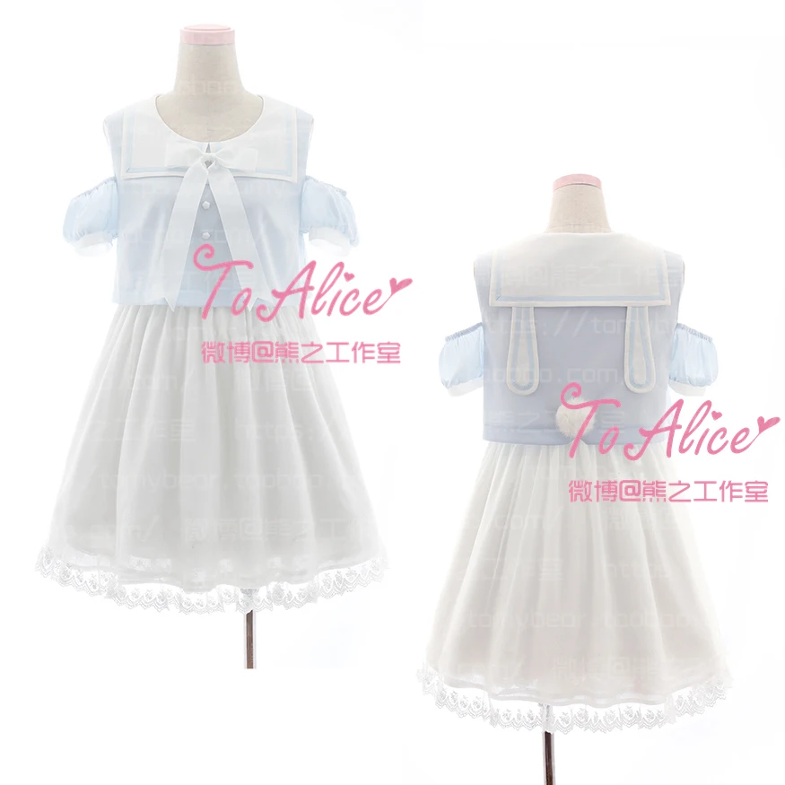 

Super Cute Rabbit Ears Sailor Collar Light Blue Girls Lolita Dress Bunny Tail Fur Ball Off Shoulder Summer Short Sleeve Dress