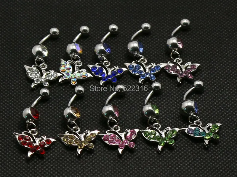 butterfly dangle belly ring 10pcs mix color surgical steel 14g bell