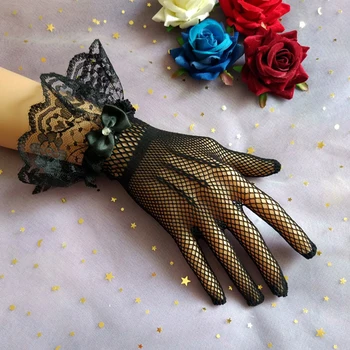 

Bride lace gloves women's sunscreen thin short UV blocking gloves classic black white Lace Wrist Gloves lady's party accessories