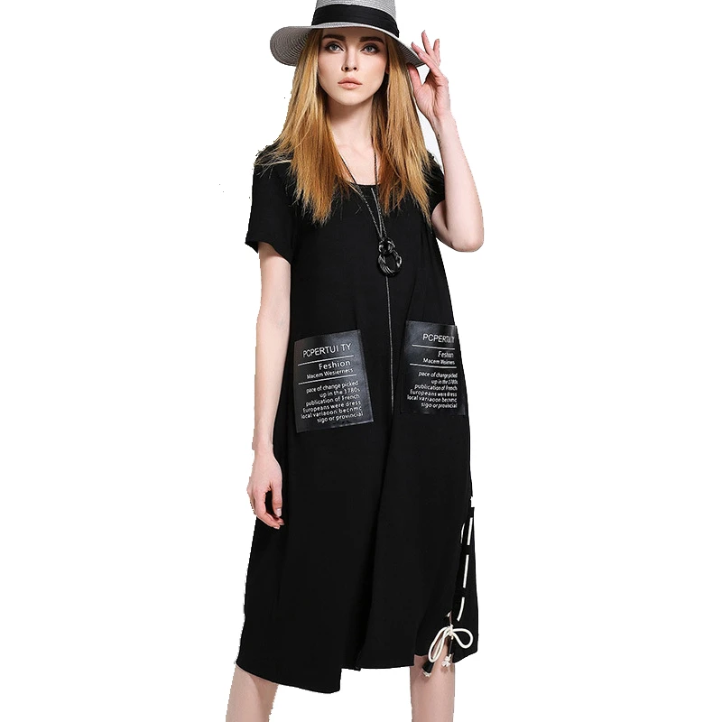 Vestido largo 2018 de las mujeres de la manera señoras verano desigual vestidos sueltos mujeres negro puro corto sleevel vestido Rob Femme Plus size|Vestidos| - AliExpress