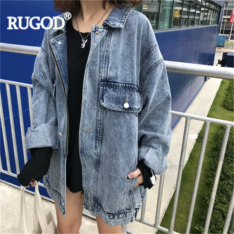discount  RUGOD Women blue denim jackets vintage turn down collar zipper batwing sleeve loose jeans jacket ne