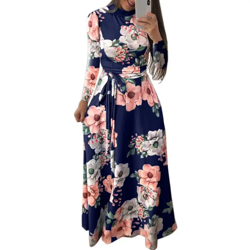 Günstig 2019 herbst Kleid Frauen Casual Rundhals Langarm Vintage Kleid Elegante Gedruckt Bogen Gurt Dünnes Kleid Lange Kleid vestidos EIN