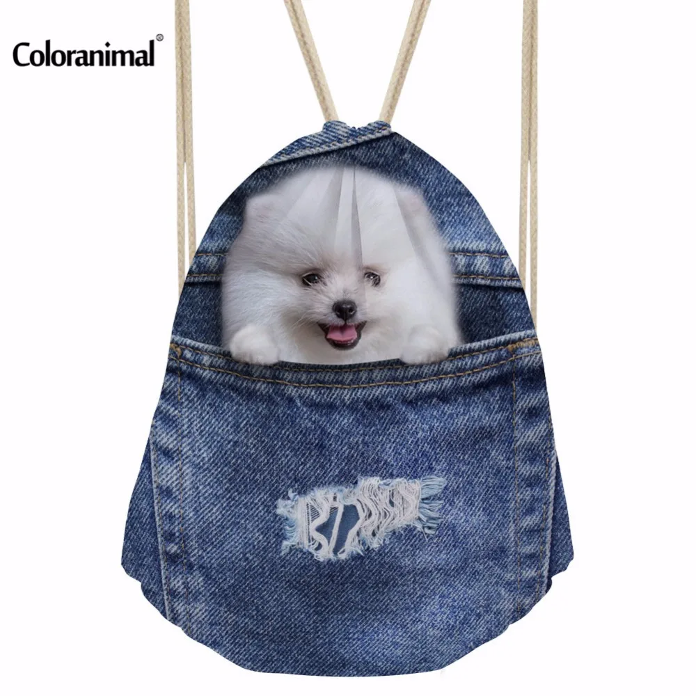 Coloranimal забавные синие джинсы с принтом собаки Drawstring Сумки Harajuku кошка узор плеча рюкзак Сумки для хранения Обувь для мальчиков Обувь для девочек школьная сумка