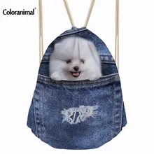 Coloranimal забавные синие джинсы с принтом собаки Drawstring Сумки Harajuku кошка узор плеча рюкзак Сумки для хранения Обувь для мальчиков Обувь для девочек школьная сумка