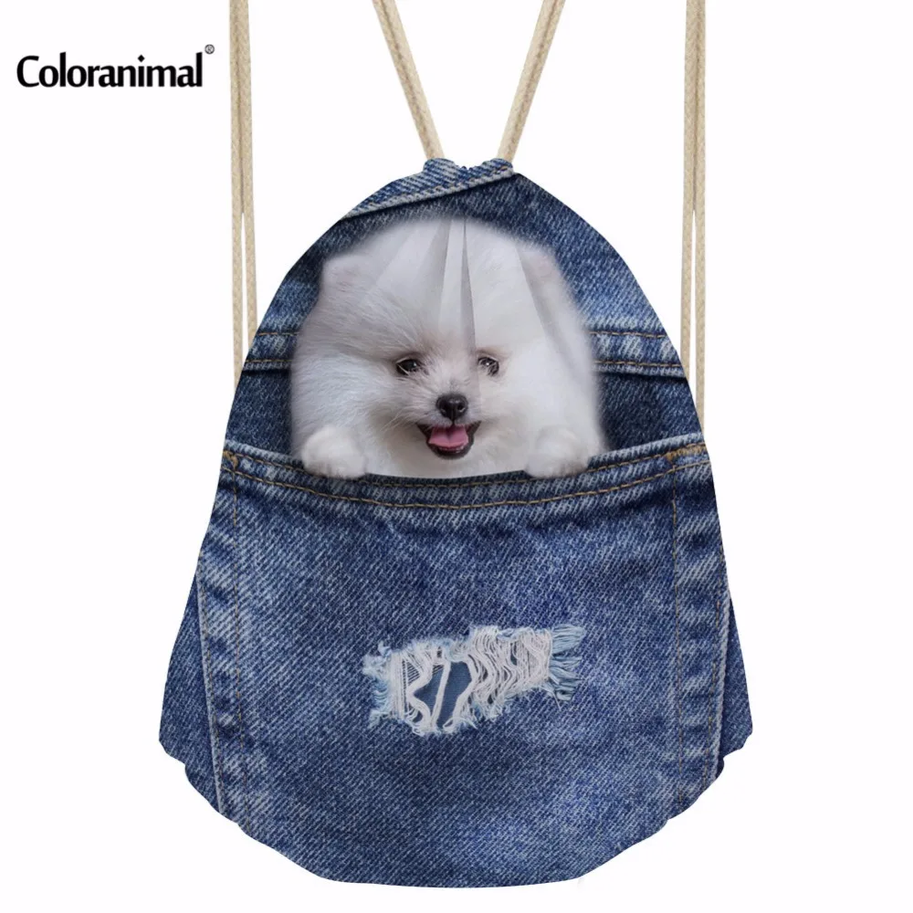 Coloranimal забавные синие джинсы с принтом собаки Drawstring Сумки Harajuku кошка узор плеча рюкзак Сумки для хранения Обувь для мальчиков Обувь для