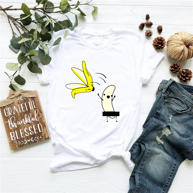 

Funny Fruit Banana Women White T Shirt Short Sleeves Girls Vegetarian Top Streetwear Harajuku Vintage Kawaii Tees Camiseta Mujer