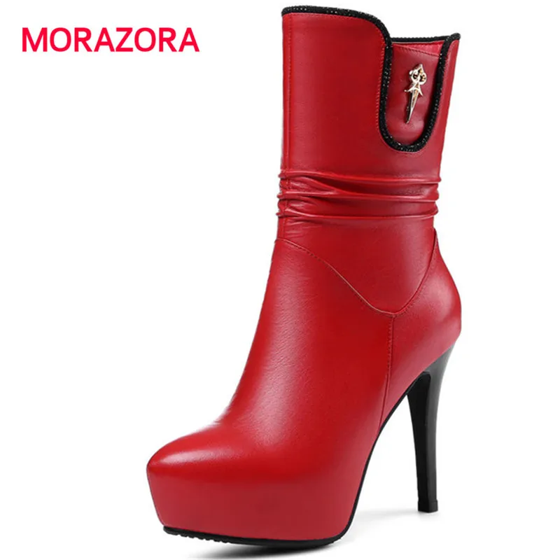 

MORAZORA 2018 new super high heel mid calf boots autumn winter genuine leather boots comfortable short plush platform boots