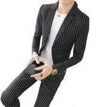 Модный мужской повседневный деловой Полосатый костюм/британский стиль костюмы куртка пальто брюки 2 шт. блейзеры+ брюки