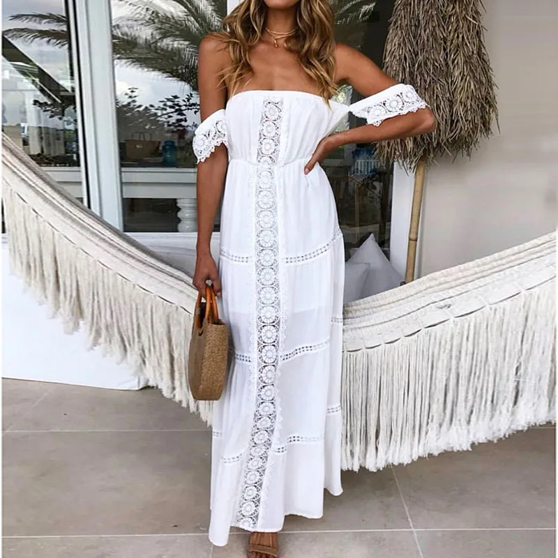 white cold shoulder maxi dress