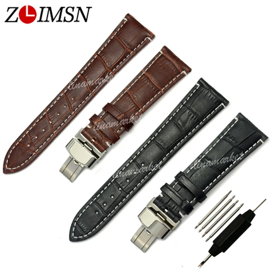 ZLIMSN Genuine Men Business Leather Fashion Men's Watchbands Black with White stitched Watch
