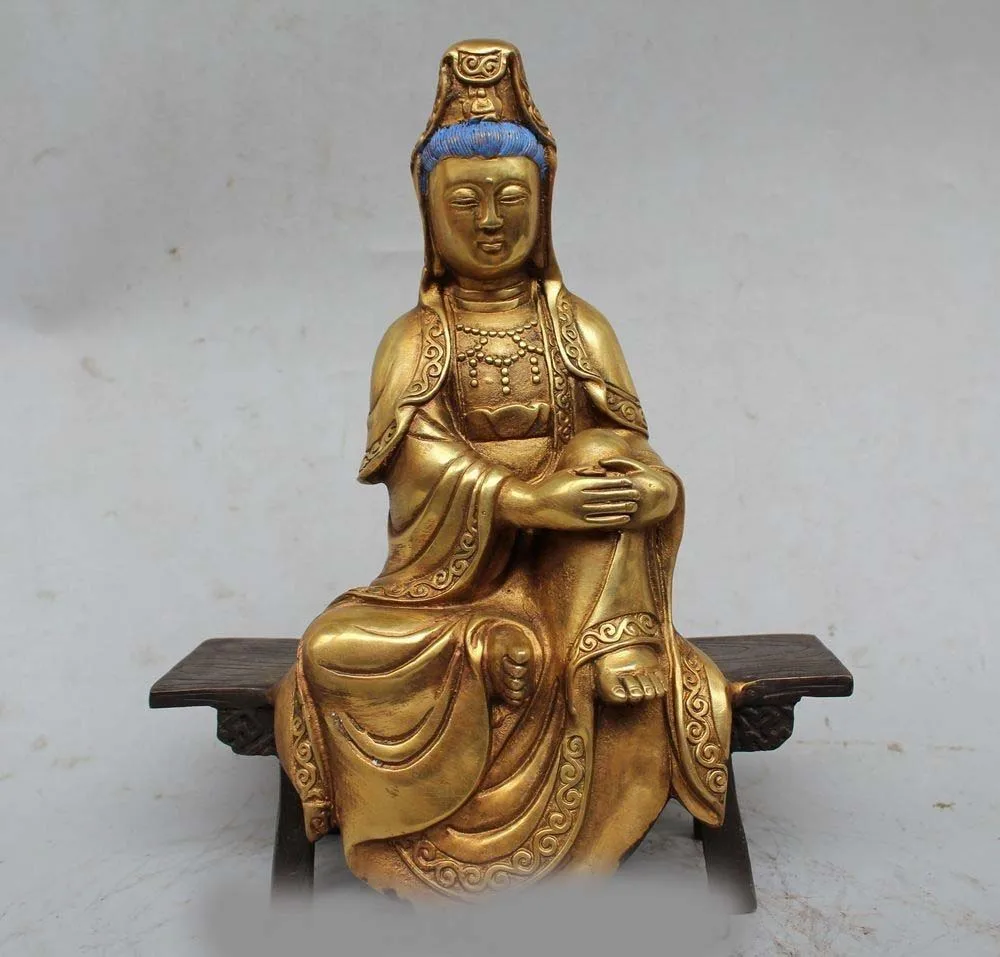 

10" Folk Chinese Bronze Gild Buddhism Kwan-Yin Bodhisattva Sitting Stool Statue