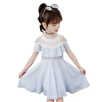 

New Summer School Girs Dress with Fringe Collar Princess Party Wedding Dresses for Girls 3 - 12 Year Olds Kids Striped Clothing