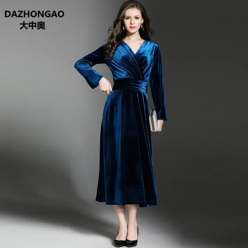 

Elegant Vintage Sexy Velours Long Sleeve Dress Women Winter Fashion Ankle-Length Wear Empire Night Dresses Velvet Slim H12-3237