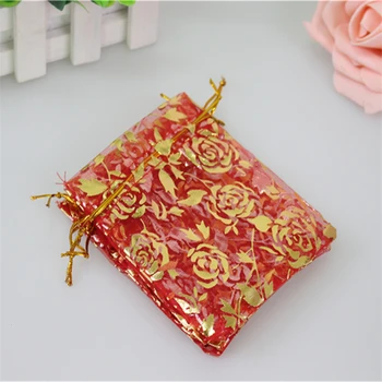 

2016 Hot Sale Popular Red Bronzing Organza Bags 100pcs/lot 13x18cm With Gold Rose Brithday Festival Gift Bags Wholesale