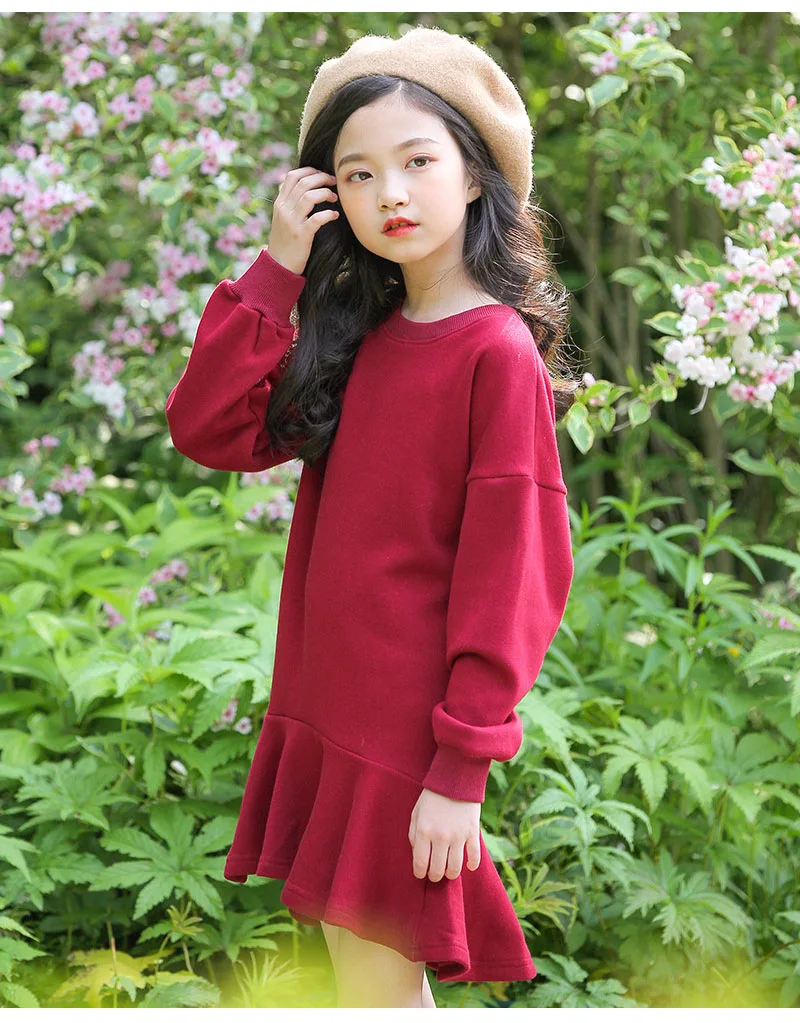 ruffles autumn winter dresses for big girls cotton long sleeve fleece dress baby kids clothes children casual school clothing (12)