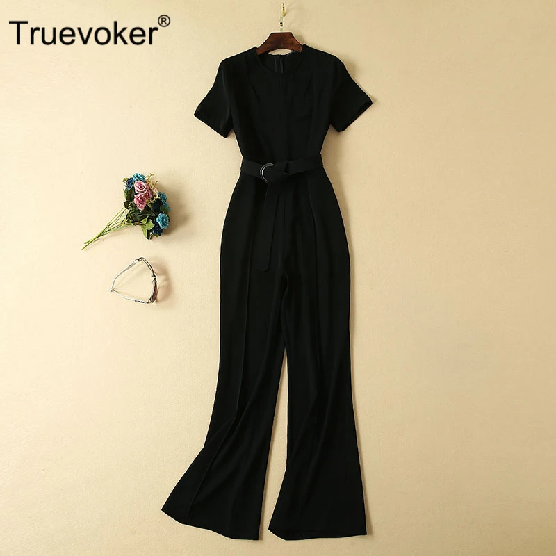 

Truevoker Designer Long Jumpsuit Women's High End Fashion Short Sleeve Pure Black Belted Casual Wide Lengs Overall