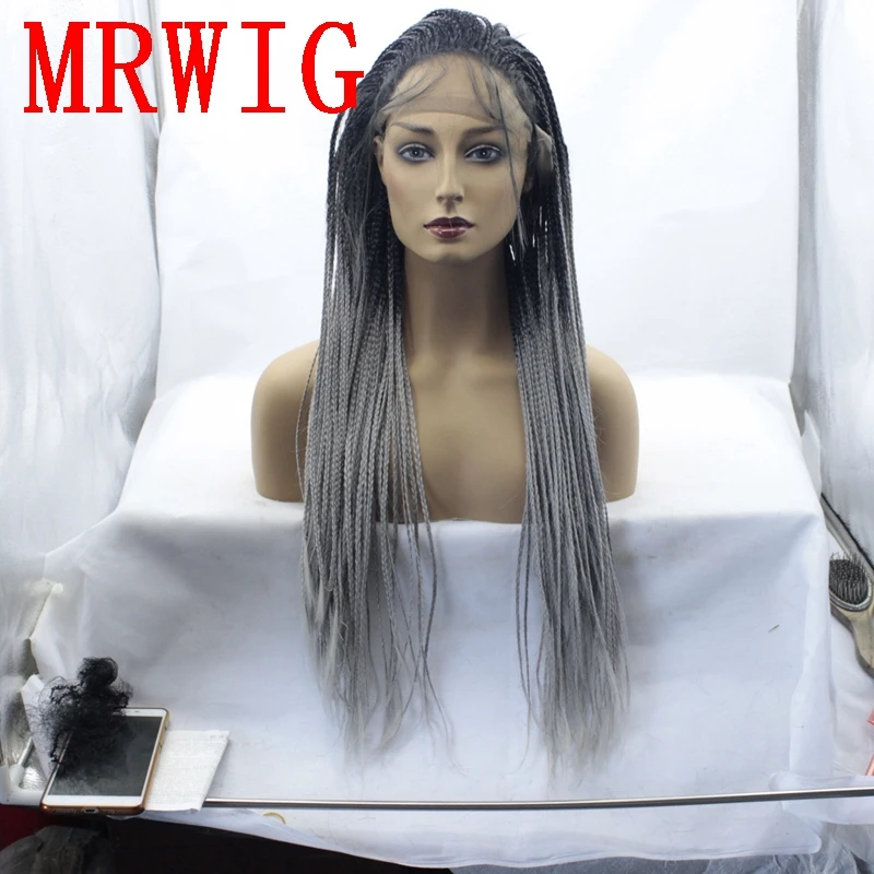 MRWIG бесплатная часть 1b # ombre серый плетеный ящик косы Glueless фронта шнурка 26inch250% плотность естественный вид маленьких волосы темные корни