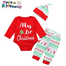 Рождественская одежда для маленьких девочек, платье для новорожденных мальчиков, комбинезон с Санта-Клаусом, детский комбинезон+ штаны+ шапка, комплект из 3 предметов, 3-18 месяцев