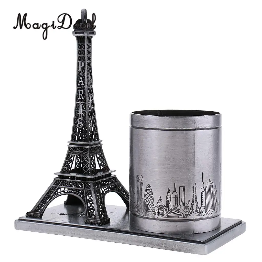Desktop Organizer Pencil Pen Case Holder Retro Figurines Eiffel Tower Model Metal Crafts Home Decor Miniature Student Gift