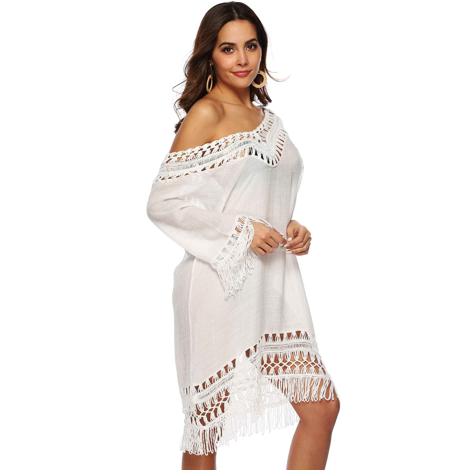 Billige Quaste Strand Kleid V Neck Weiß Cover Up Badeanzug Bikini Tunika Ups Frauen Kleider Badeanzug 2019 Sommer Bademode Kurz hülse