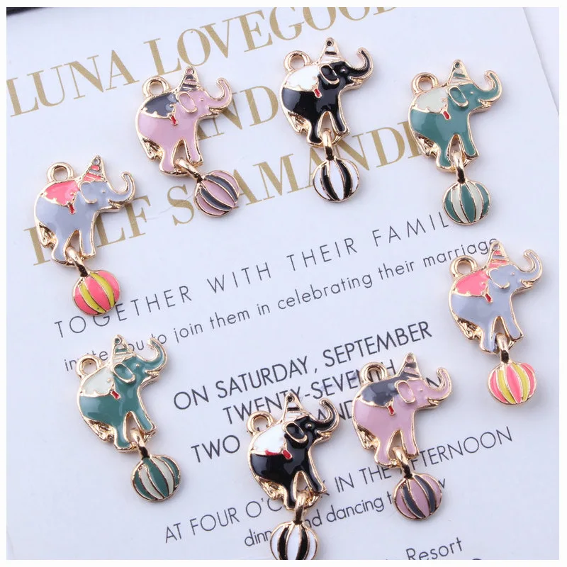 

10pcs Circus Playing Ball Elephant Pendant Enamel Gold Korean Charms DIY Jewelry Accessories For Handmade Necklace Keychains