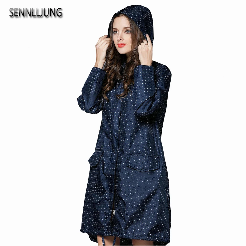 

SENNLLJUNG Brand Fashion Women Raincoat Long Hooded Rainwear Sunscreen Waterproof Outdoor Trench Coat Jacket Hiking Rain Coat