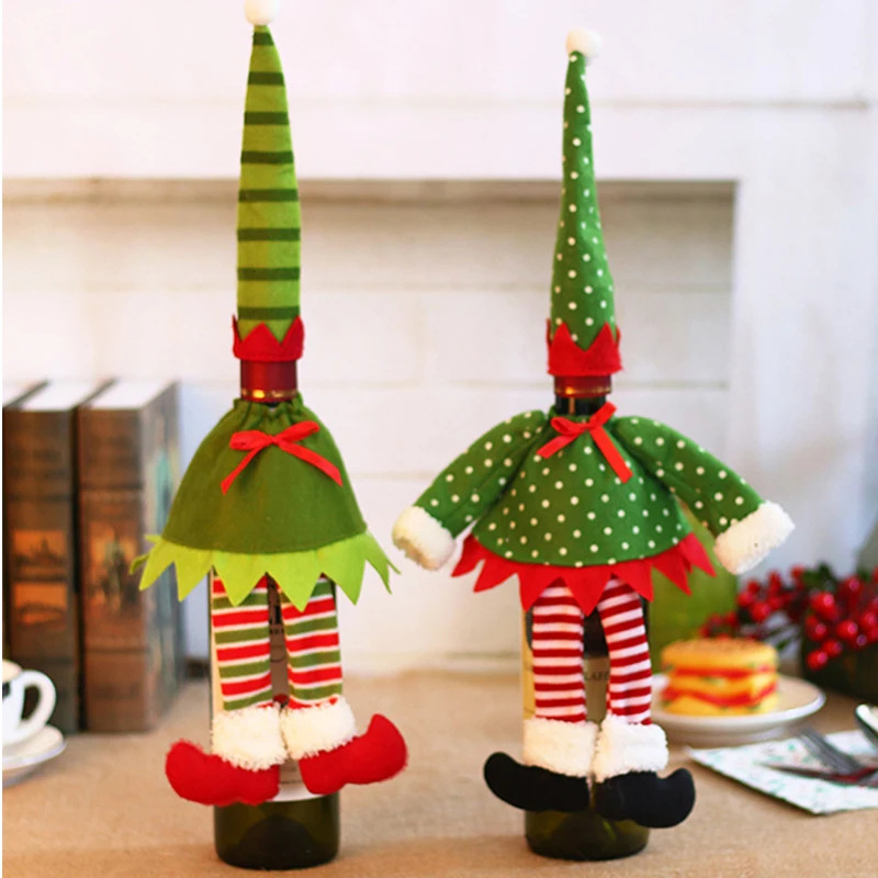 

(2 pieces/lot) Christmas New Year Decoration Red Wine Bottle Cover Creative Elf Bottle Cover Bags For Table Dinner Deco C024