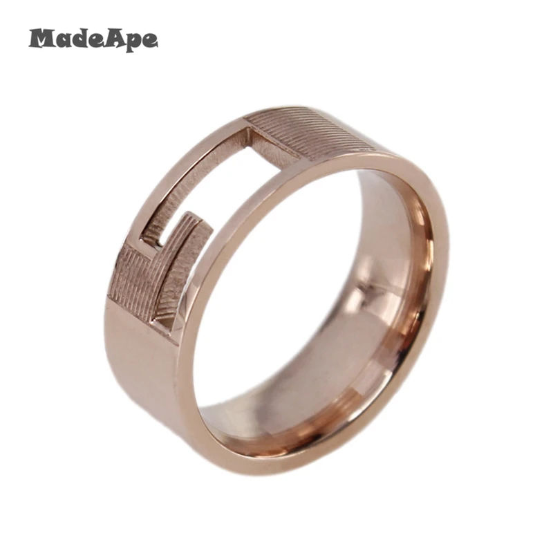 MadApe Trendy Women Hollow Rings 316L Stainless Steel Couple Ring Rose Gold Color 7mm Width For Women Men Wedding Rings