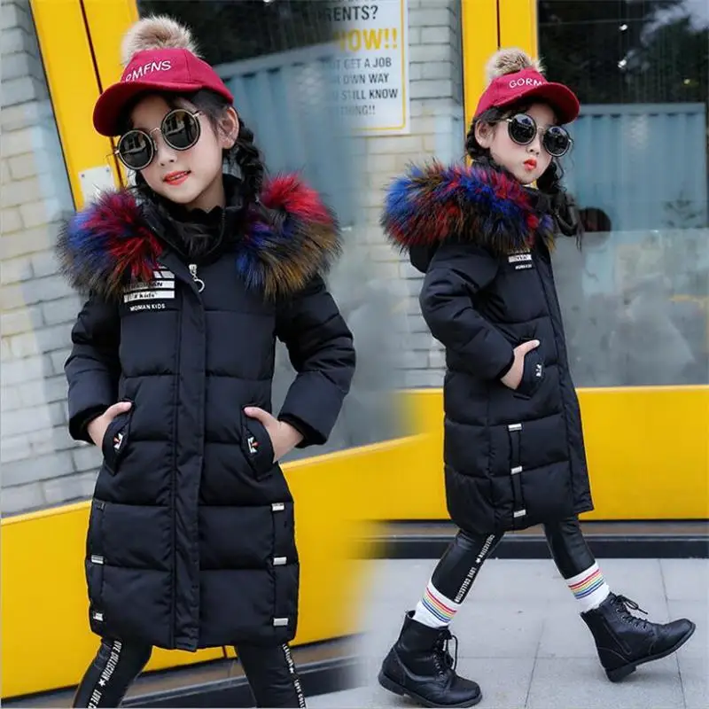 Зимняя куртка для девочек; пальто для маленьких детей; теплая парка для детей; длинный зимний комбинезон с хлопковой подкладкой; цветная куртка с капюшоном и меховым воротником - Цвет: Black