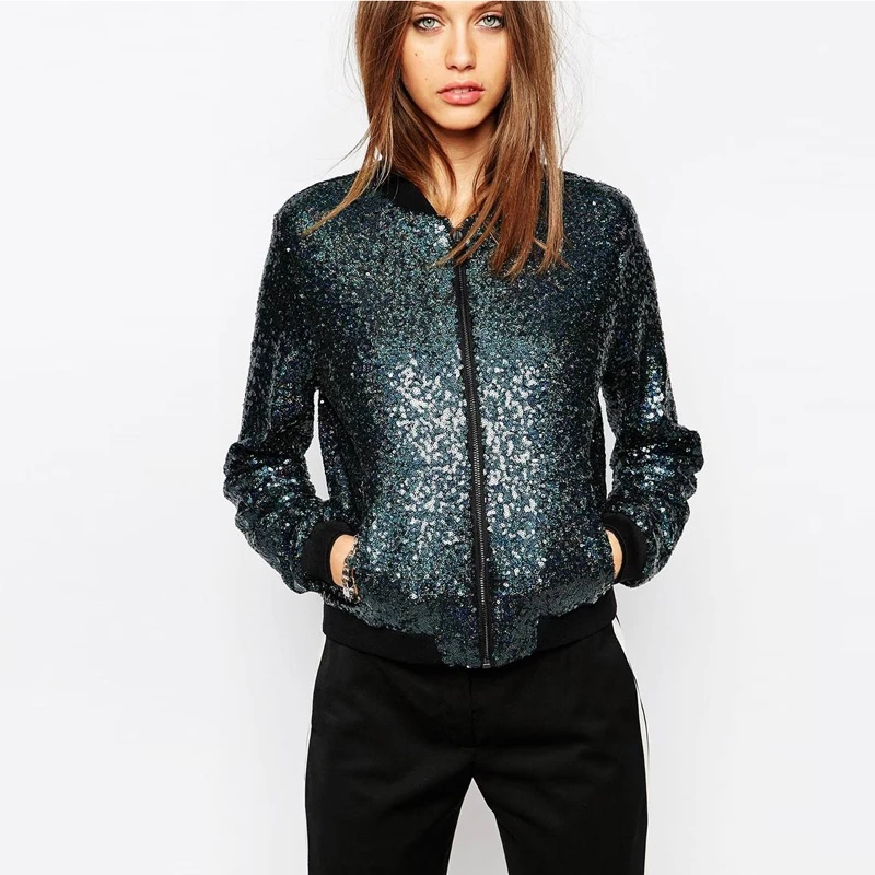 

Haoduoyi 2017 Spring Sexy bomber jacket women Casual blue Basic Jacket Female Party blingbling Sequin Coat