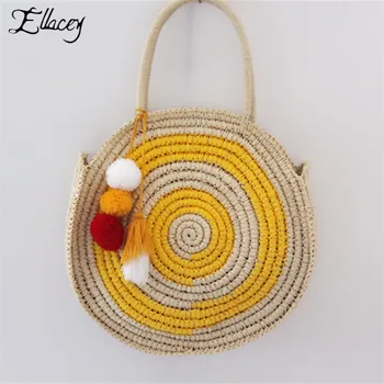 

Colored Paper Bags Round Straw Beach Bag Casual Hand Made Woven Handbags Raffia Rattan Circle Bag Large Round Basket Bag