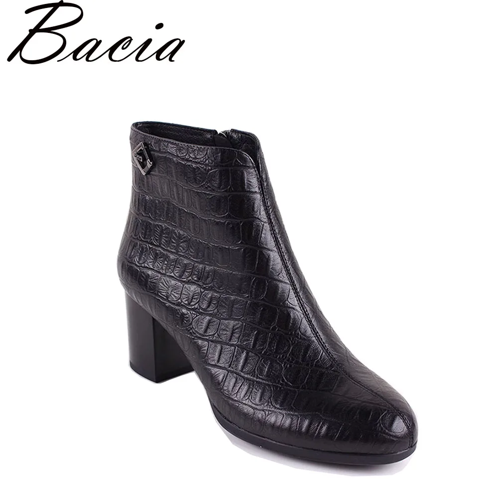 

Bacia Women's Fashion Alligator Pattern Sheepskin Ankle Boots Round toe Thick Heel Boots Woman Fall Collections Size 36-41 MC008