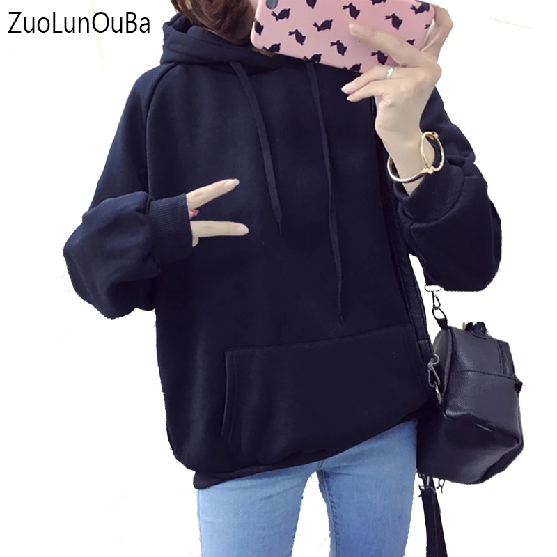 

Zuolunouba 2018 winter Casual coat Fleece black women Hoodies Sweatshirts long sleeve girl Pullovers loose Hooded Female thick