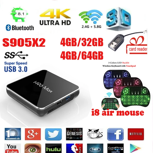H96 Max X2 Android 8.1 TV Box Amlogic S905X2 4GB/32GB 64GB Dual WiFi Bluetooth USB 3.0 4K Set Top Box optional i8 air mouse