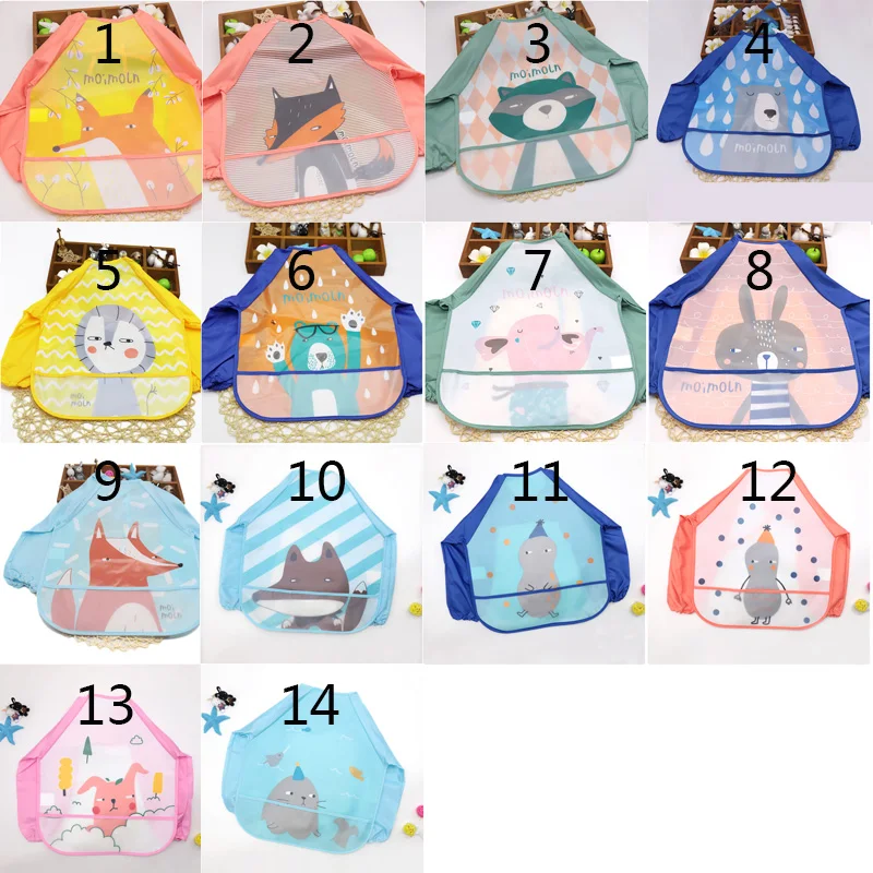 Baby Long Sleeve Apron Children Feeding Smock Bibs Cotton Cartoon Animal Print Saliva Towel Baby Cotton Bibs Soft Baby Stuff