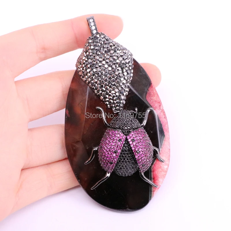 3 шт. новый дизайн натурального оникса gem кулон с Pave CZ Божья коровка насекомых Шарм